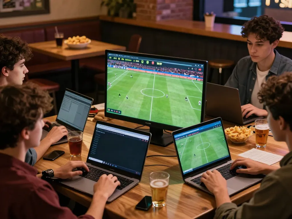 Group of friends using WWBOLA for sports betting during live soccer matches