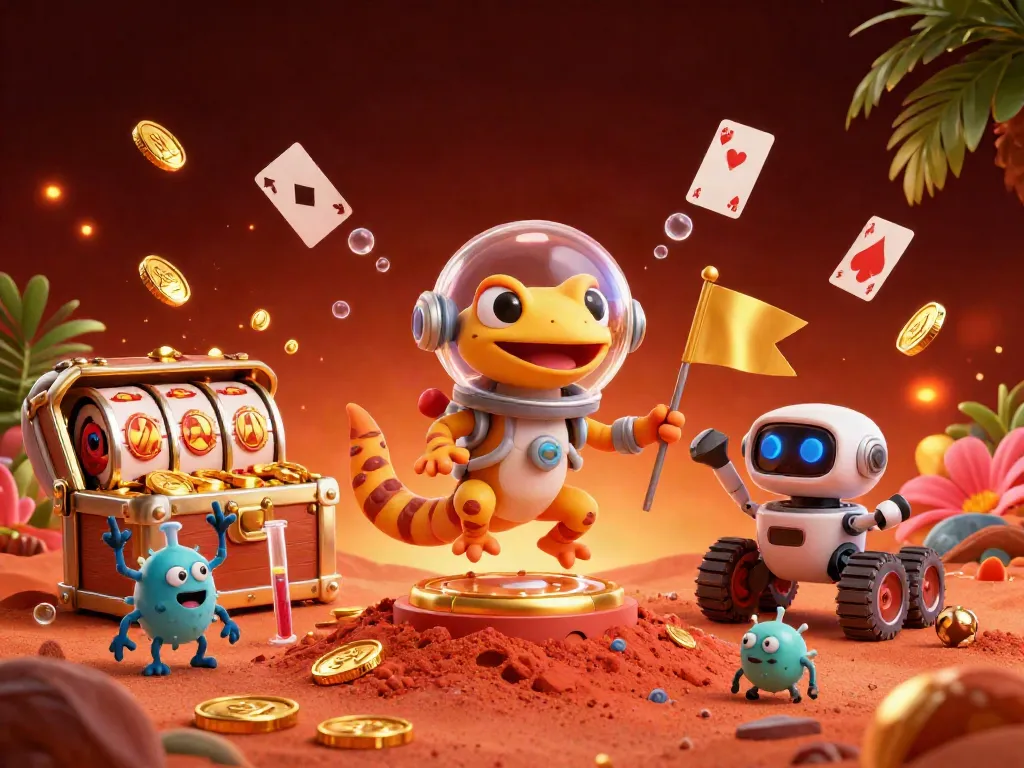 Experience thrilling gameplay as Martian gecko explores a golden casino in Mars sand while logging into toko123.