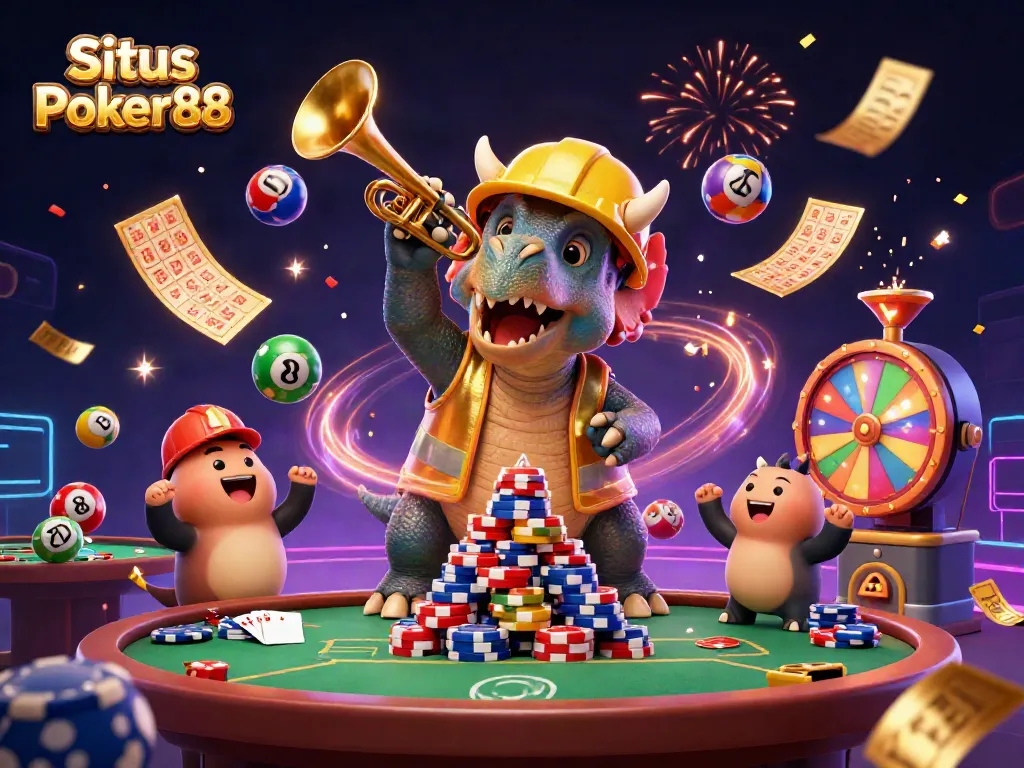 Situs Poker88 showcases an energetic poker scene with colorful characters and dynamic elements celebrating gambling success.