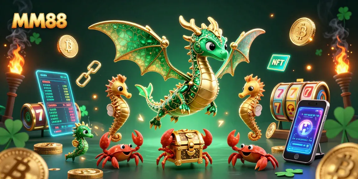 Engage with MM88's treasure-filled scene featuring a sea dragon, crypto elements, and casino symbols.