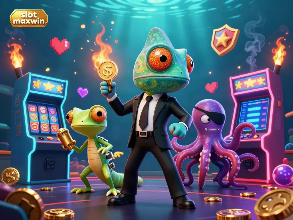 Experience the thrill of slot maxwin in this vibrant 3D casino scene with chameleon and companions.