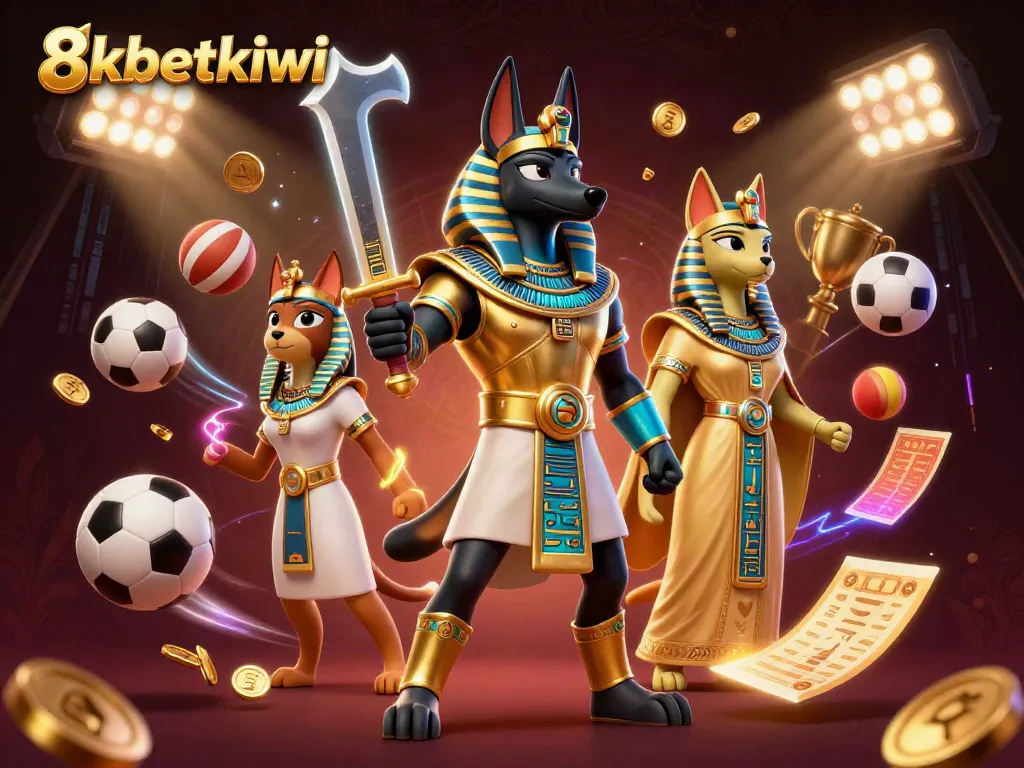 Engage with 8xbetkiwi's exciting gaming universe featuring Anubis and Bastet amidst dynamic sports and casino elements.