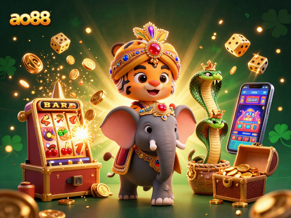 ao88 jackpot excitement unfolds with a vibrant scene of a maharaja tiger, treasures, and dynamic casino elements.