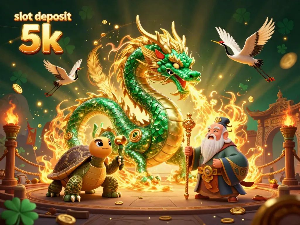 Experience excitement with slot deposit 5k in this vibrant 3D illustration featuring a dragon, turtle sage, and lucky cranes.