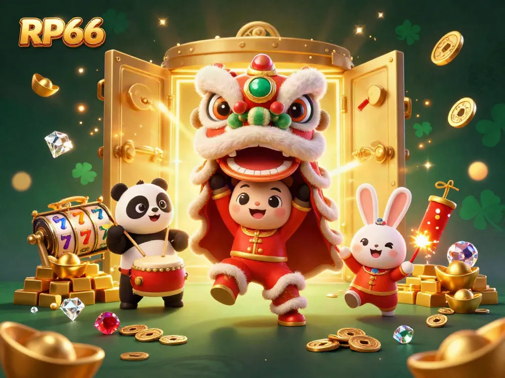 Experience excitement at RP66 with colorful slot reels and lucky symbols in a dynamic celebration.