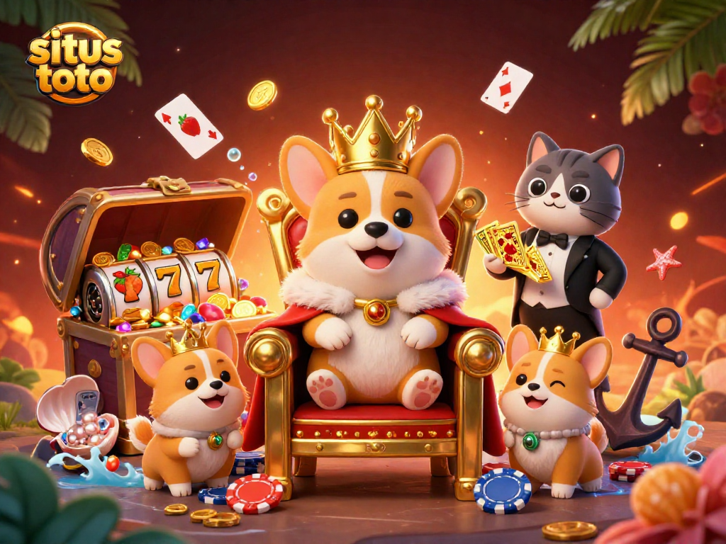 Temukan situs toto dengan ilustrasi 3D penuh warna dari corgi kerajaan bermain kasino.