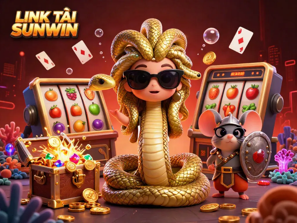 Engage with the thrilling atmosphere of LINK TẢI SUNWIN, featuring vibrant characters in a casino scene filled with gold and gems.