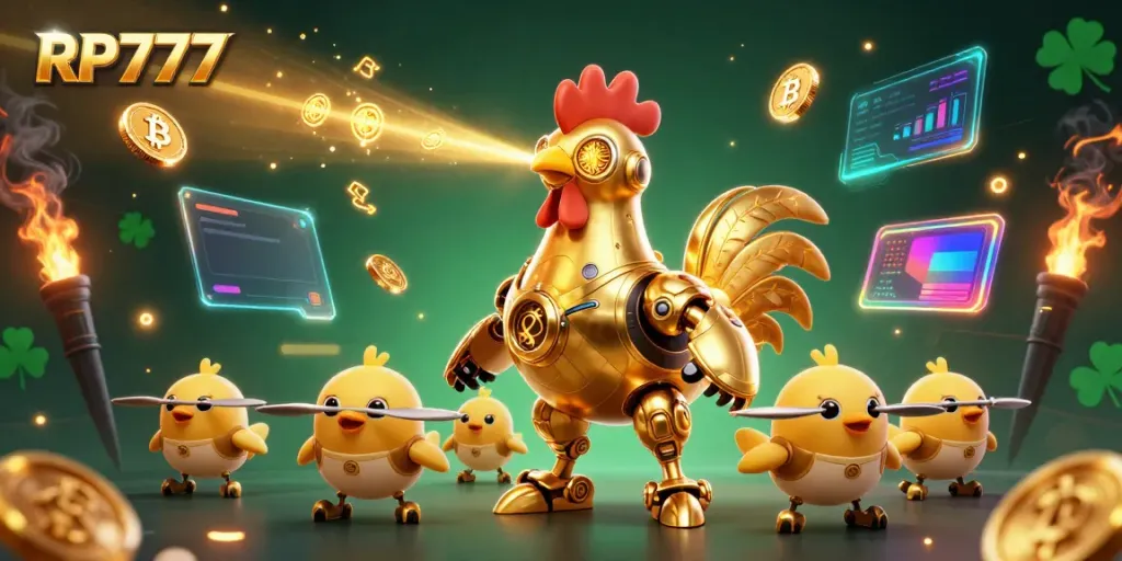 Engage with RP777 slots for a thrilling experience with futuristic robot characters amid glowing crypto coins.