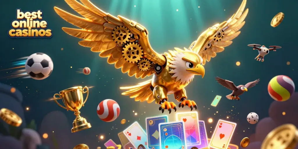 Witness the best online casinos through this vibrant 3D scene with a golden eagle and dynamic gaming elements.