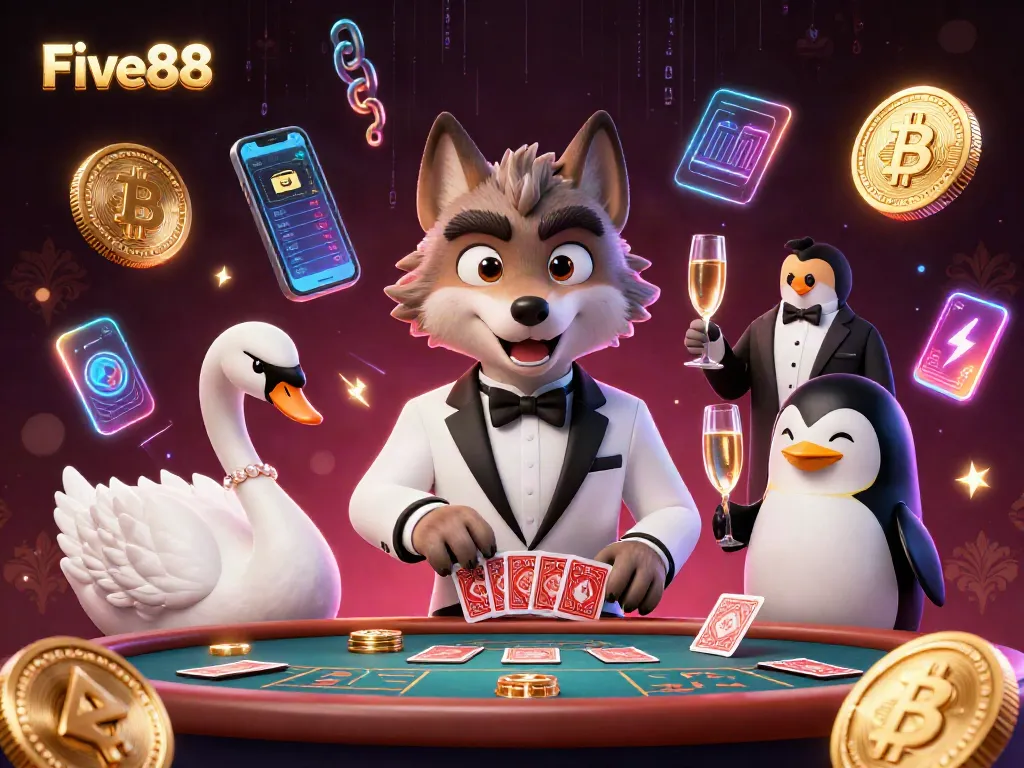 Enjoy thrilling games at Five88's vibrant casino scene featuring a debonair wolf and elegant swan.