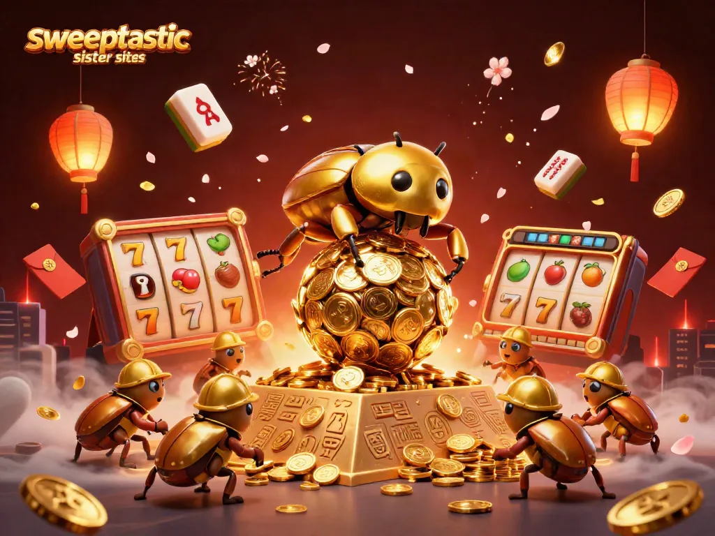 Engage in thrilling play at Sweeptastic sister sites with golden beetles and casino symbols.