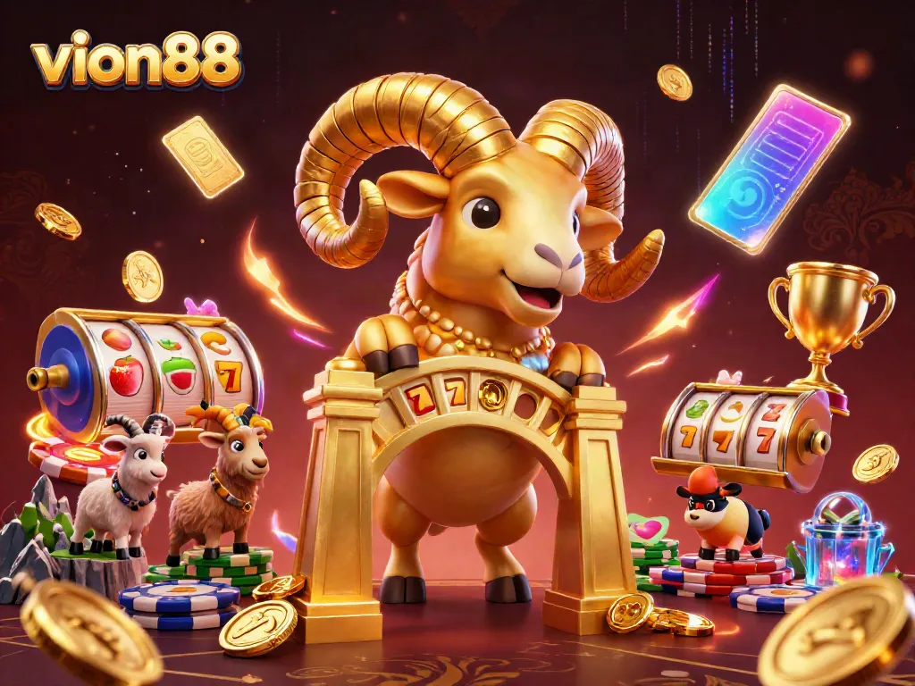 Experience thrilling wins with VION88's exciting Mega888 slot games featuring vibrant gold and dynamic characters.
