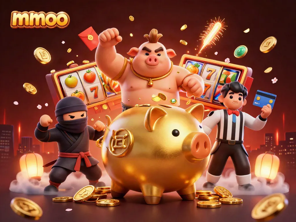 Mmoo-themed dynamic casino illustration with a golden piggy bank sumo wrestler amidst slot reels and golden coins