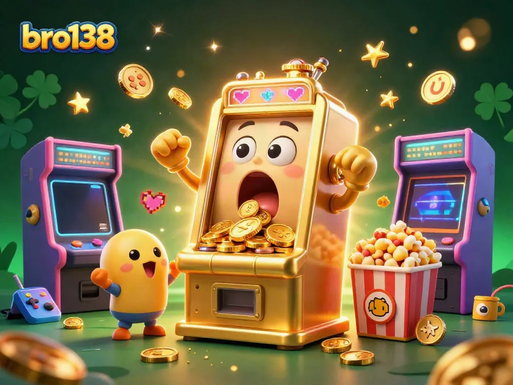 Experience the thrill of bro138 as the golden slot machine celebrates a massive jackpot in a vibrant casino illustration.