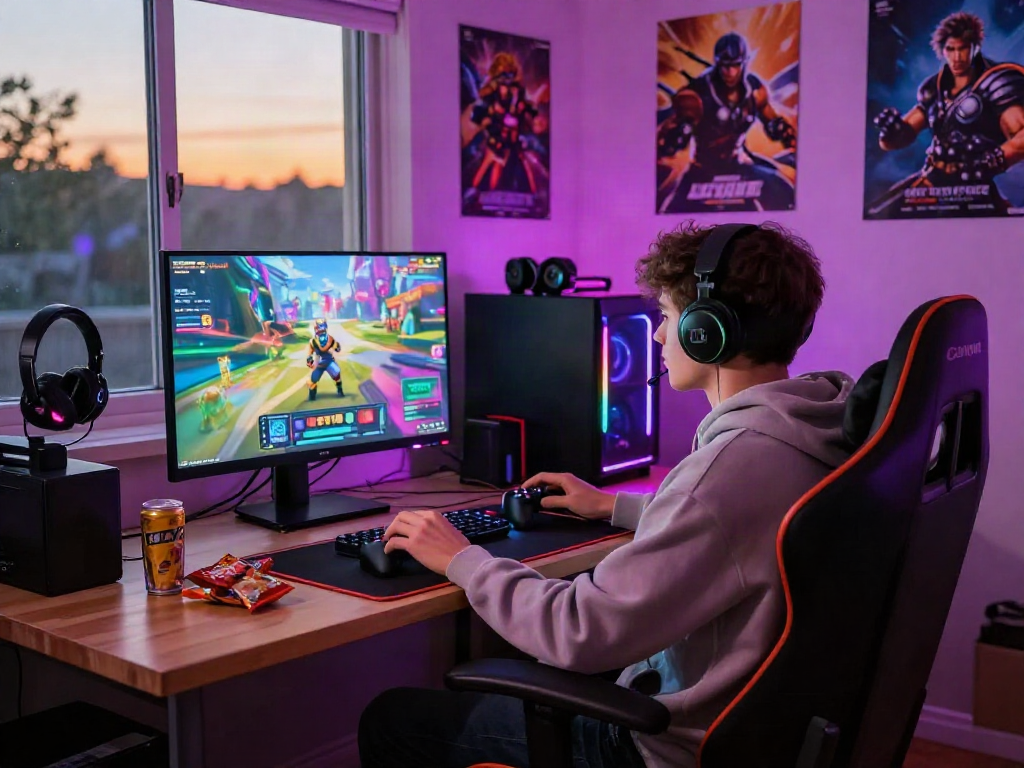 Engaged gamer playing interactive porngames in cozy room.