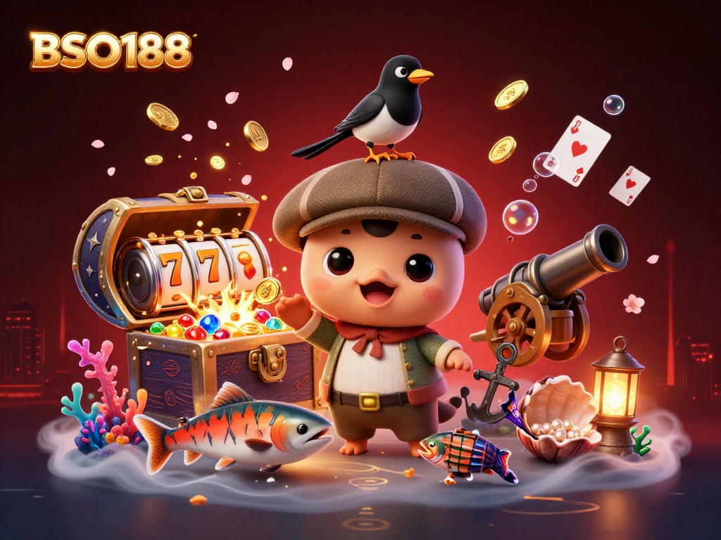 BSO188 features a playful Nessie surrounded by slot elements and underwater treasures in a vibrant casino scene.