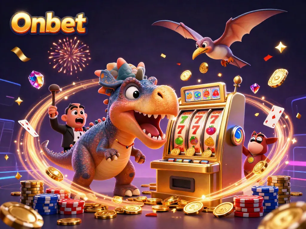 Onbet casino scene with dinosaur characters winning a jackpot, slot machine, and vibrant gold coins.