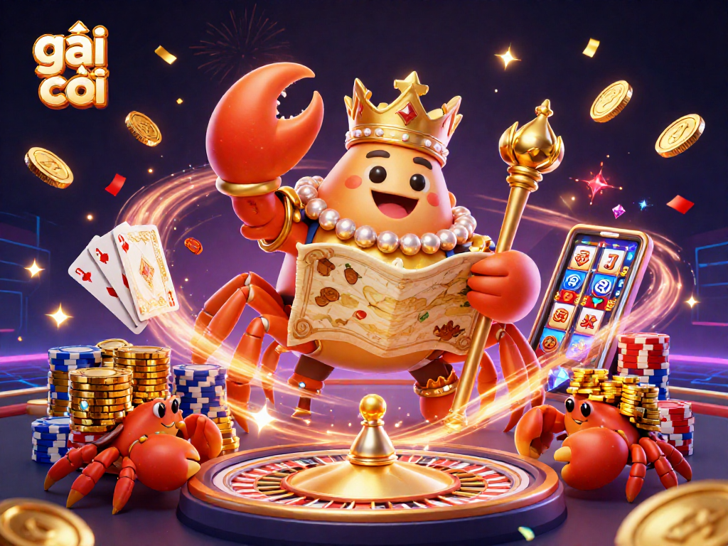 Experience exciting gambling moments with gái gọi, showcasing a golden crab emperor and vibrant casino elements.