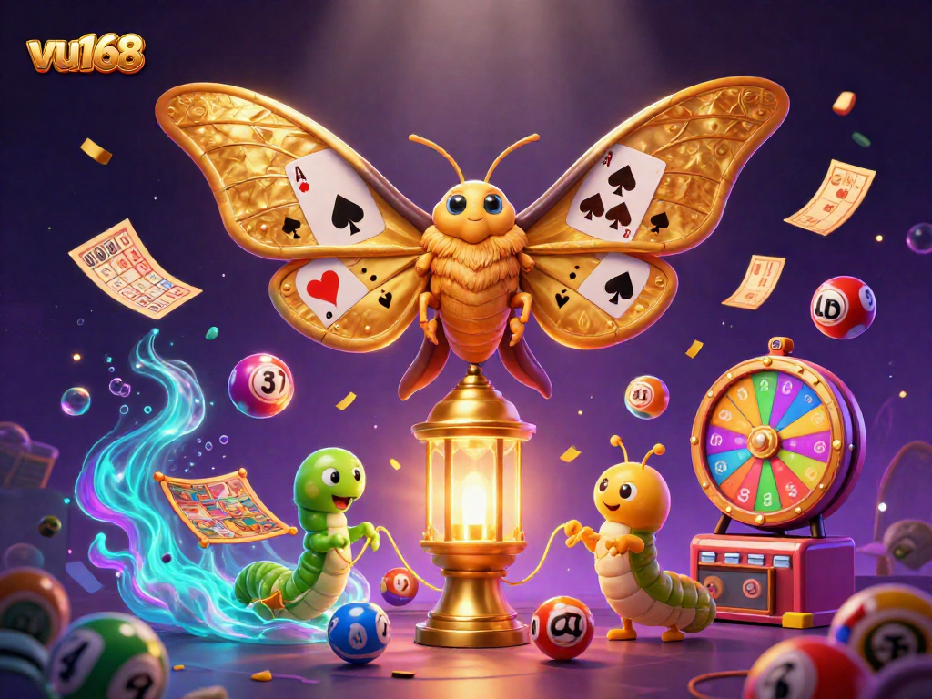 Experience thrilling gaming with vu168, featuring a vibrant 3D illustration of a moth and dynamic casino elements.