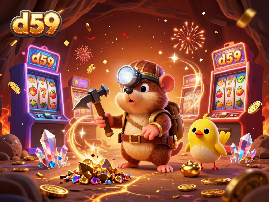 Experience the thrill of d59 slot gaming with a vibrant 3D scene featuring treasure and lucky symbols.