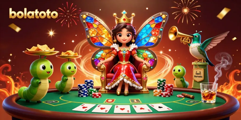 Experience the excitement of bolatoto with an enchanting illustration featuring the butterfly queen in a vibrant casino setting.