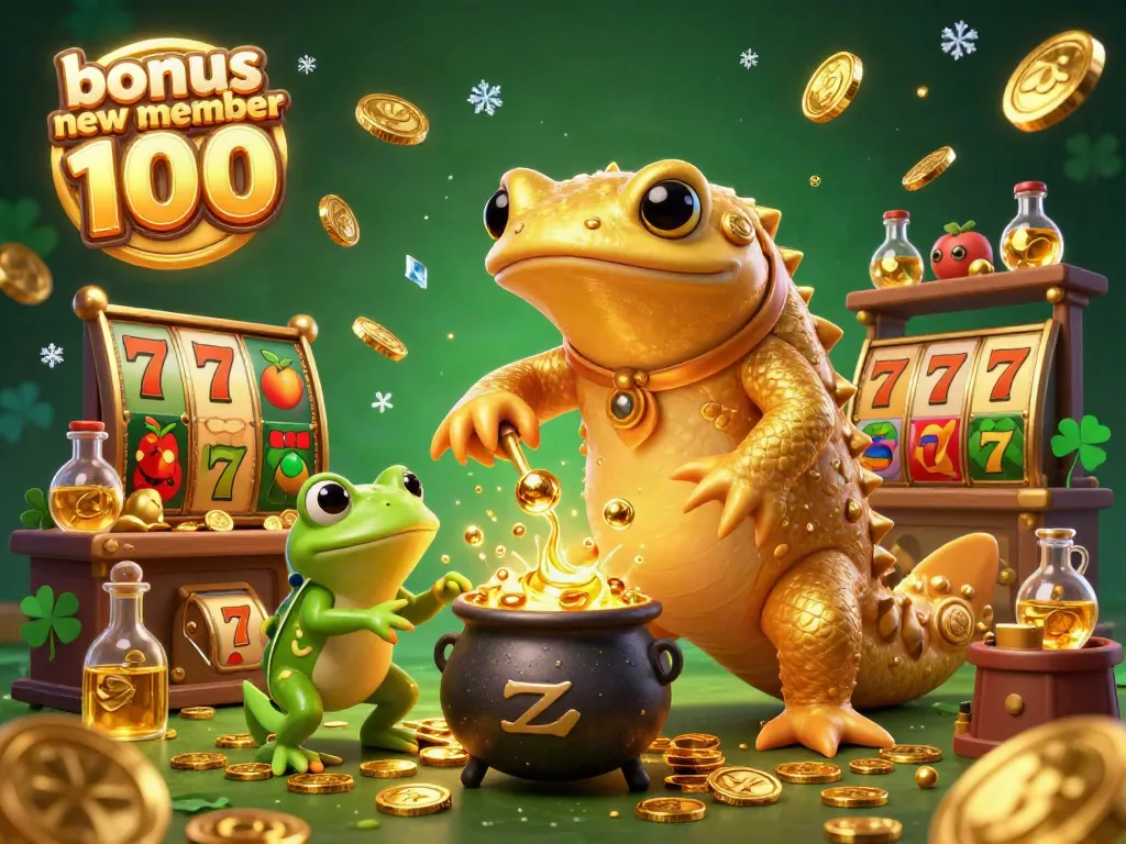 Spin the reels and claim your bonus new member 100 with this vibrant 3D illustration of a golden salamander alchemist and friends.