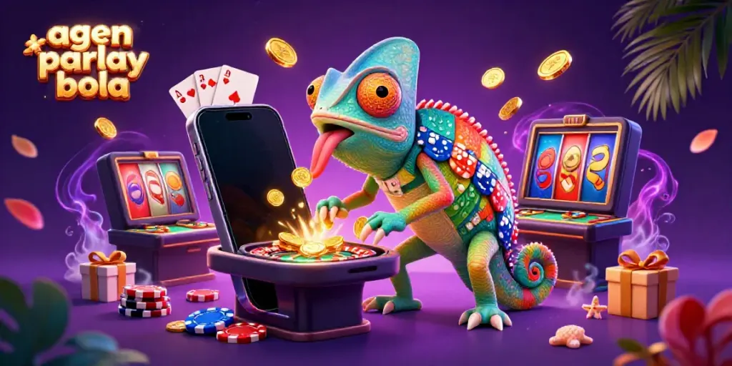 Experience the excitement of agen mix parlay bola with a vibrant casino scene featuring a colorful chameleon and thrilling game elements.