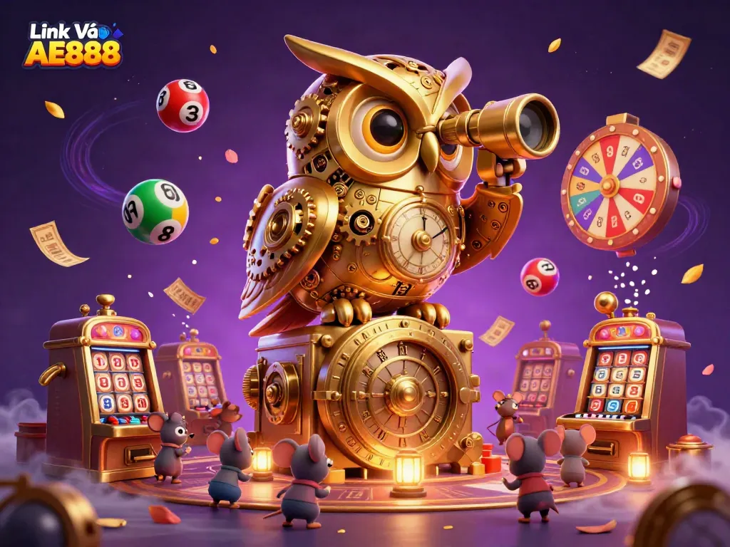 Engage in thrilling moments with Link Vào AE888 as a cartoon owl watches over vibrant casino activities.