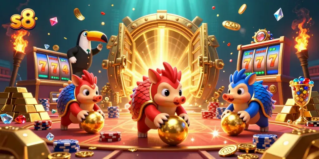 Experience the excitement of the s8 casino with cartoon pangolins bowling through poker chips and golden treasures.