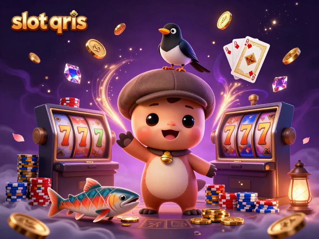 Win big at slot qris with a playful 3D illustration of Nessie and friends surrounding slot reels and poker chips.