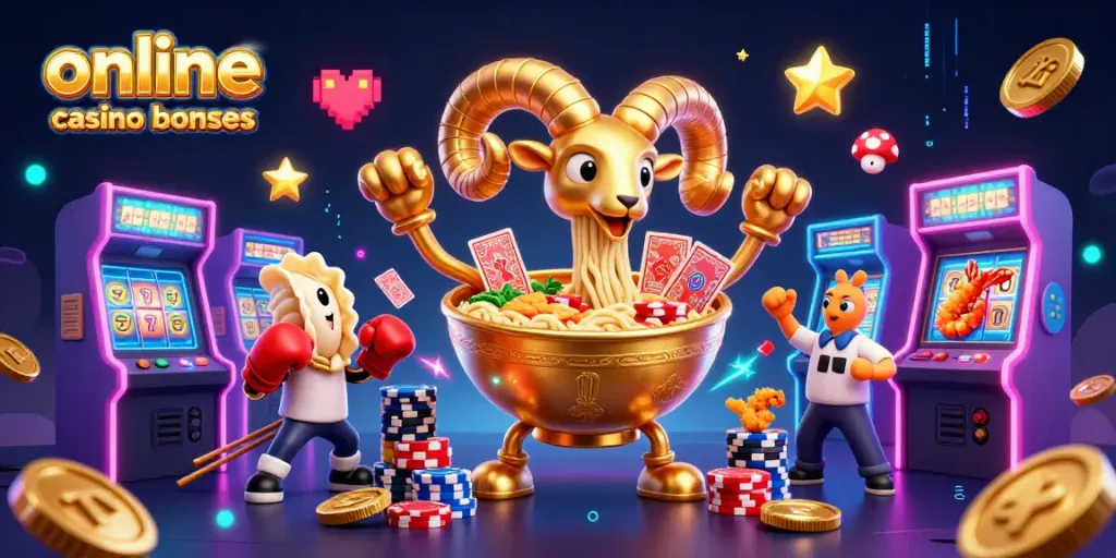 Engage with thrilling online casino bonuses by a 3D ramen bowl character and vibrant casino elements