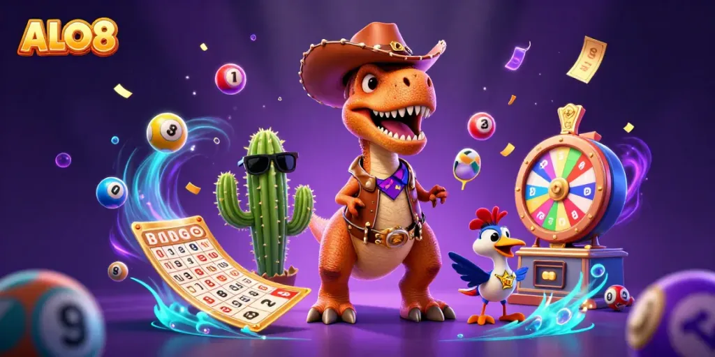 Engage in vibrant lottery festivities as ALO8 showcases a cartoon dinosaur in a casino scene full of colorful elements like balls and bingo cards.