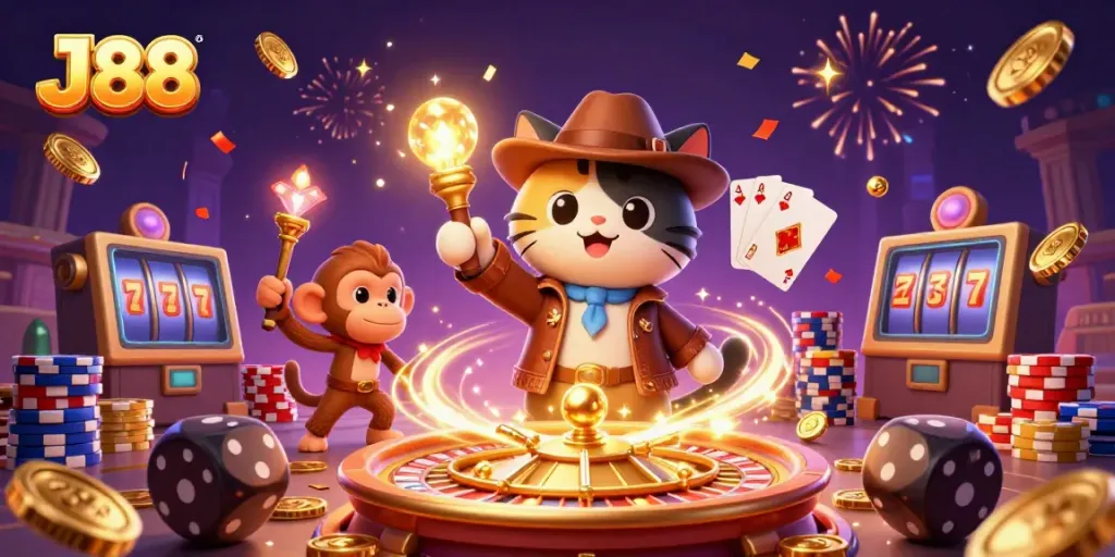 Engage with J88's dynamic casino adventure showcasing a cat archaeologist and monkey companion amidst gaming elements.