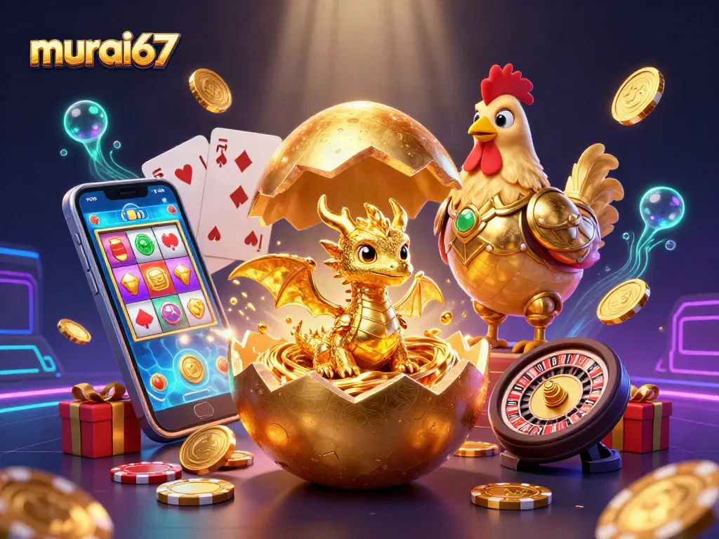 Murai67 showcases a golden dragon emerging from a nest of poker chips, with vibrant casino elements.