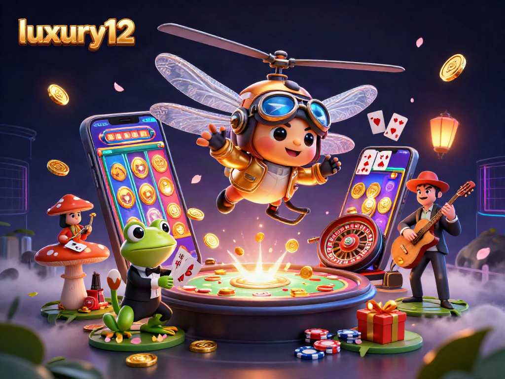 Experience luxury12 gaming excitement with vibrant characters and casino elements in a lively scene.