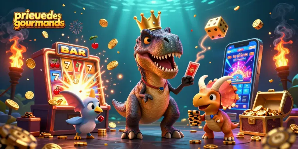 Engage in exciting casino action with the prieuredesgourmands featuring a playful T-Rex and friends.