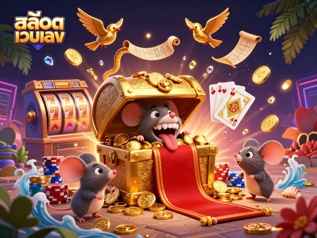 Experience สล็อตเว็บตรง gaming with enchanting treasures and vibrant slot machine action in a captivating, dynamic scene.