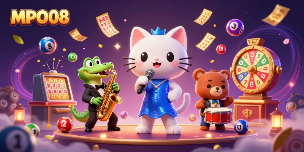 MPO08 showcases a lively casino scene with animated characters and vibrant lottery elements, enhancing the excitement of gaming.