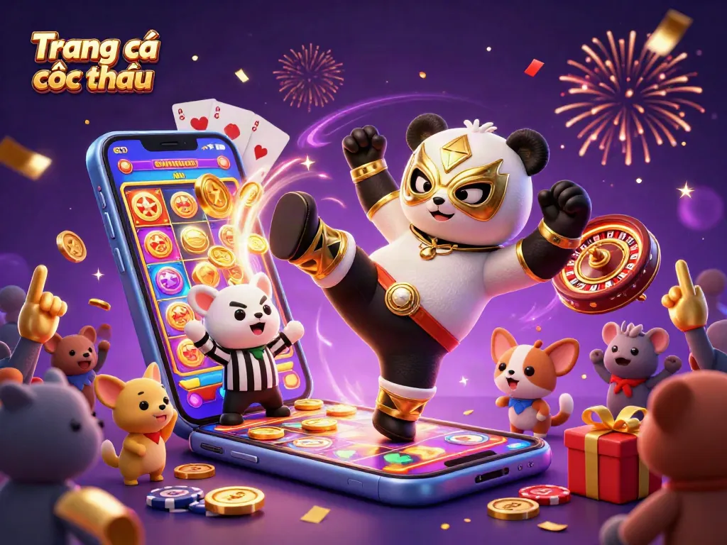 Experience thrilling sports betting action with Trang cá cược thể thao's vibrant 3D casino scene featuring lively characters and games.