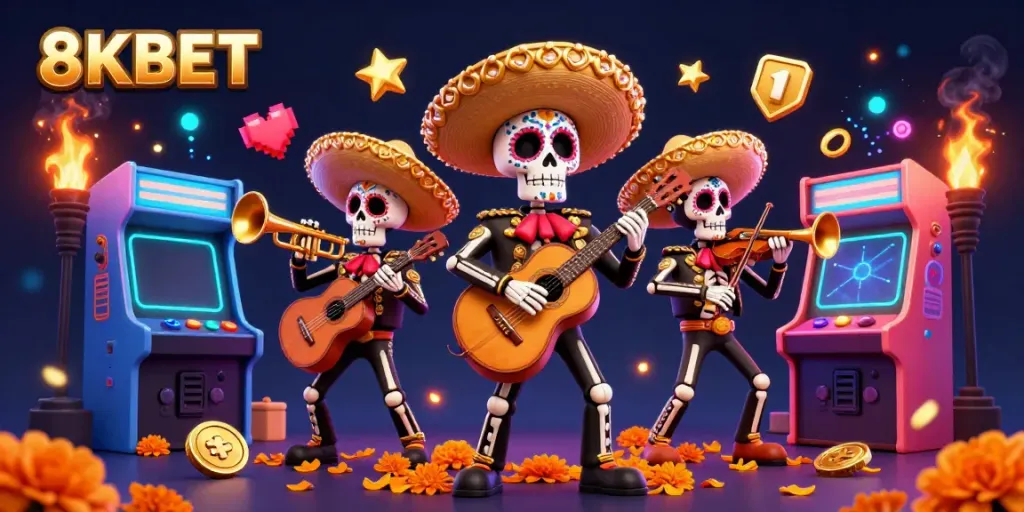 Engage with 8KBET's vibrant scene featuring mariachi skeletons amidst dynamic casino elements.