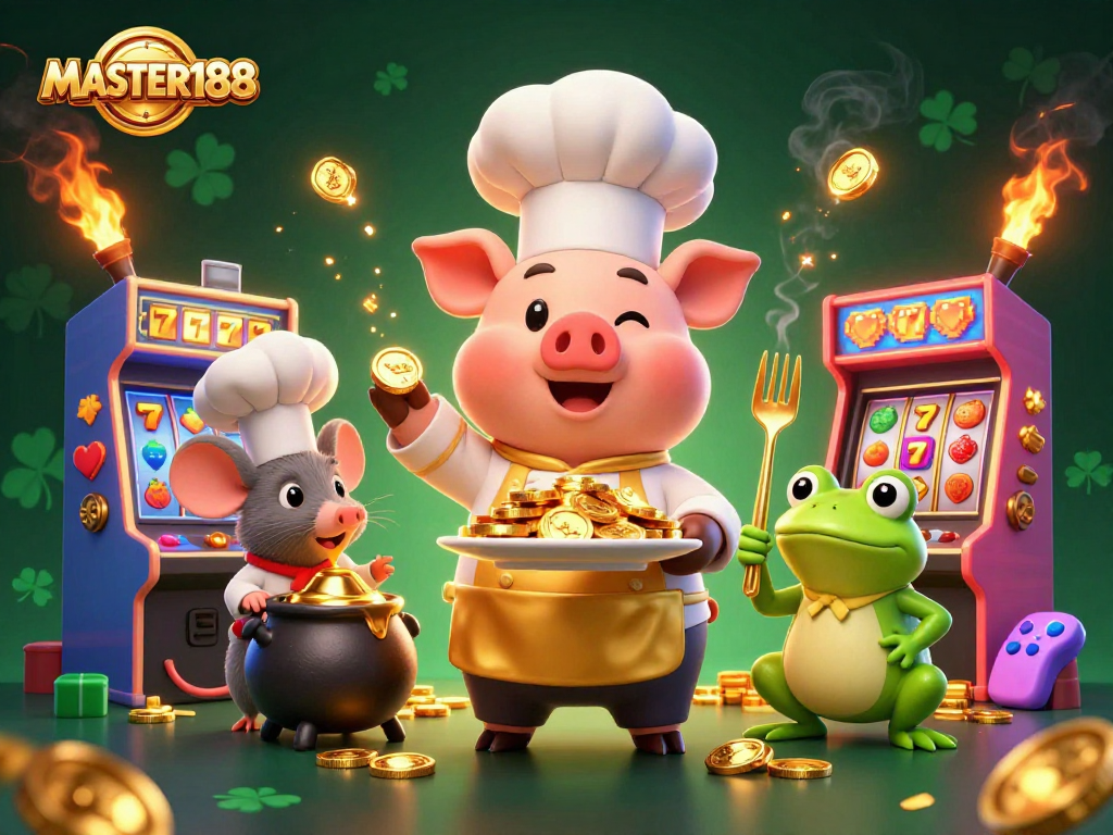 Experience the thrill of gaming with MASTER188 featuring a chef pig serving gold coins in a vibrant casino setting.