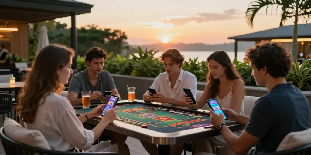 Friends enjoying luxury12 link while playing slots outdoors.