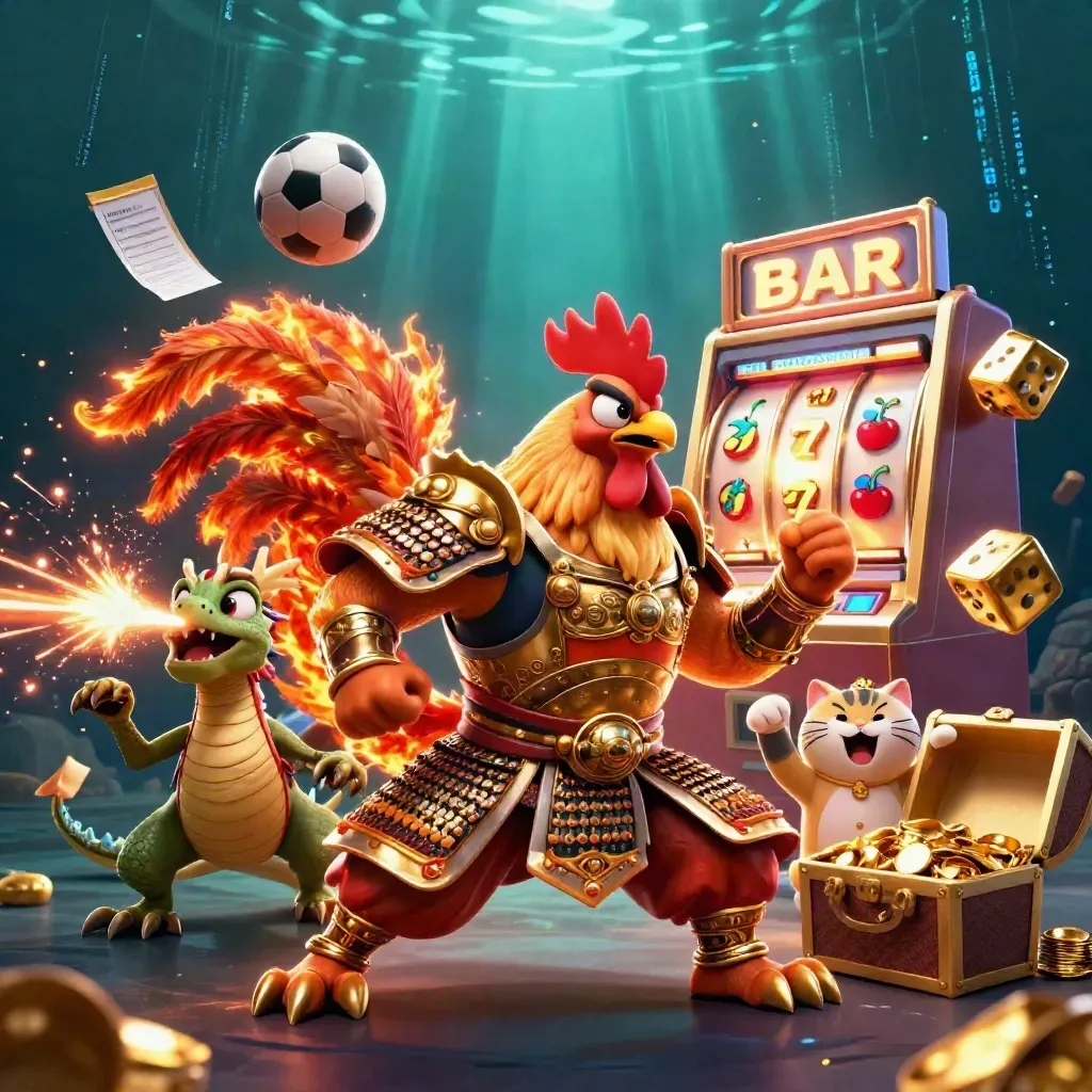 Rooster warrior, dragon hatchling and lucky cat amid slot bursts, sports balls and gold
