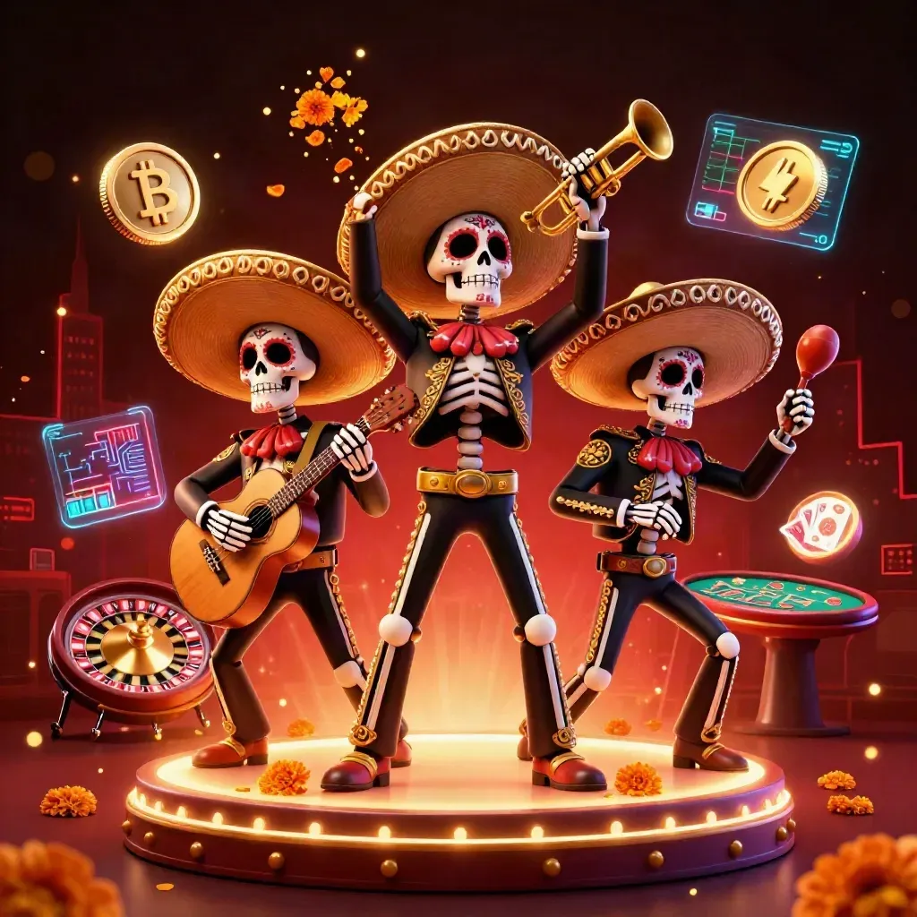 Skeleton mariachi trio in neon casino chaos with coins, roulette, cards and dark red-black glow.