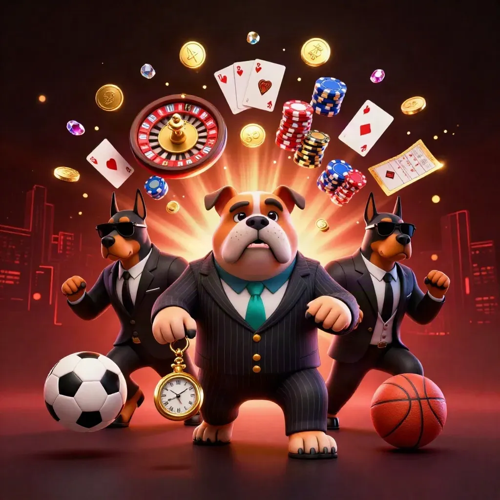 Bulldog boss and two Dobermans burst through casino sports props, coins, cards, roulette wheel, and glowing lights.