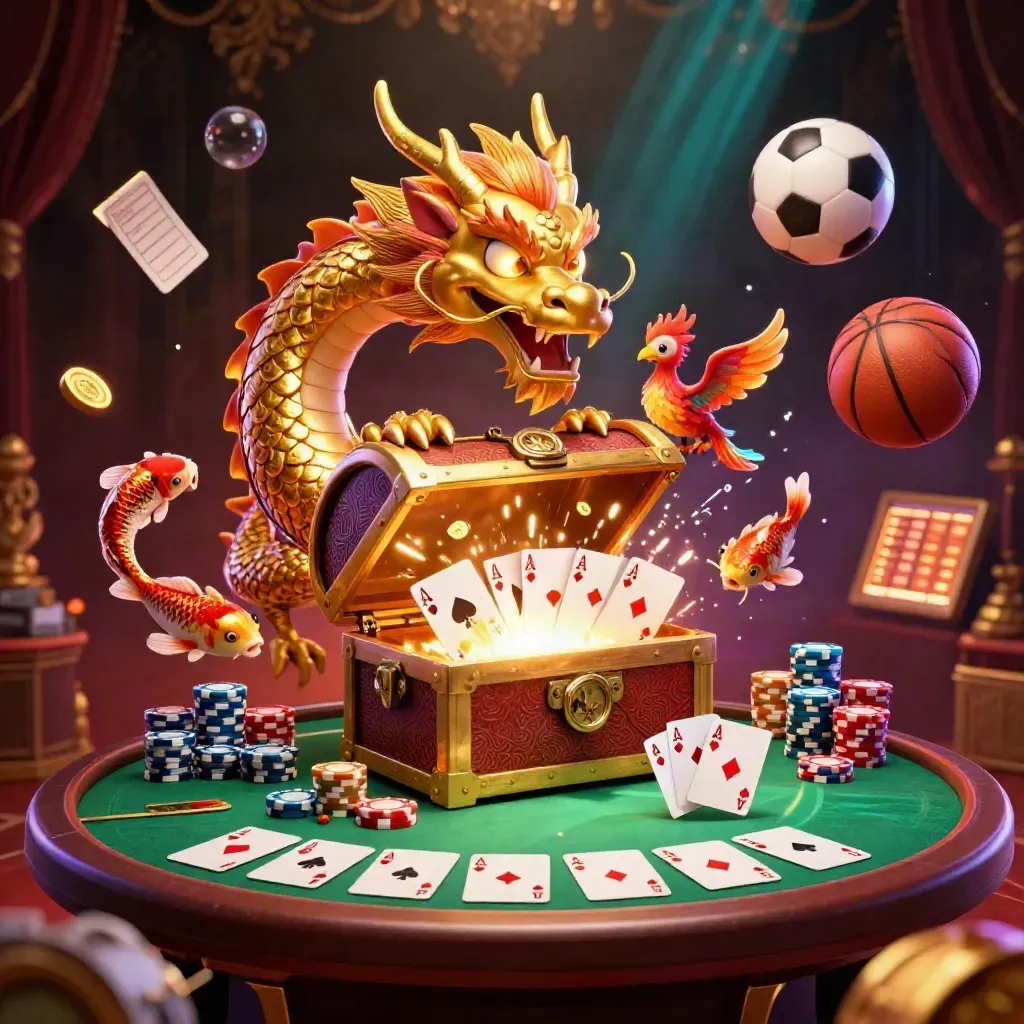 Golden dragon, phoenix, koi, poker chips, sports balls, and a treasure chest in a luxe casino scene.