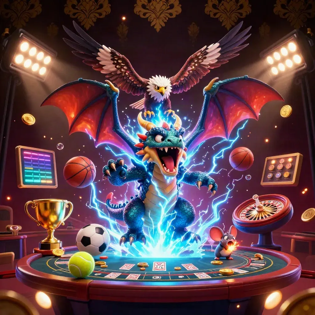Thunder dragon, hawk, and mouse amid casino energy, coins, balls, and glowing lights.