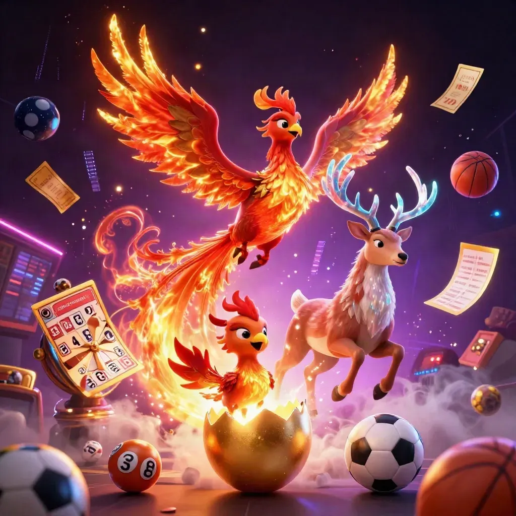 Phoenixes and a crystal stag burst amid casino lights, lottery balls, wheel, and sports props.