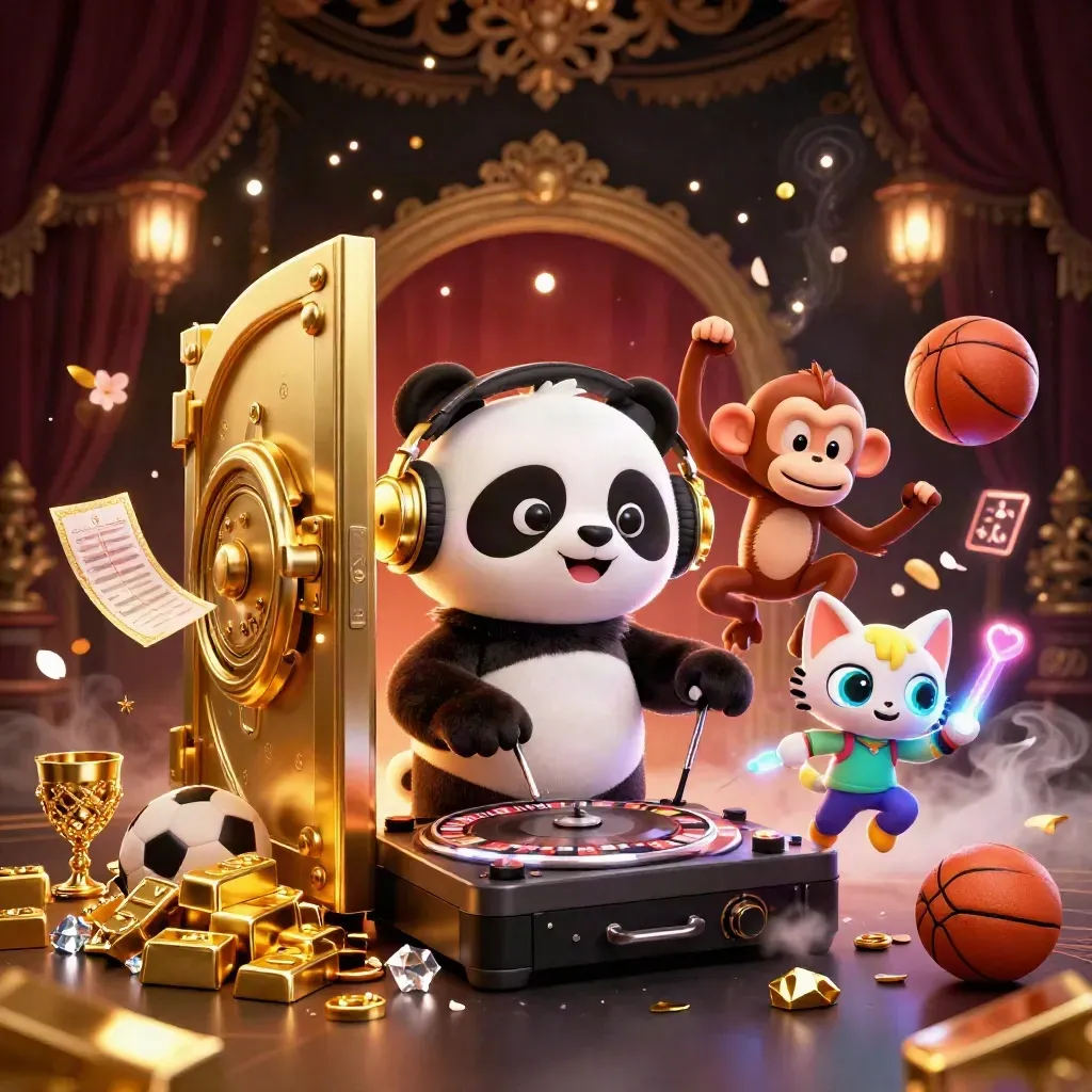 Panda DJ, dancing monkey and glow kitten amid gold bursts, casino props, and tribal décor.