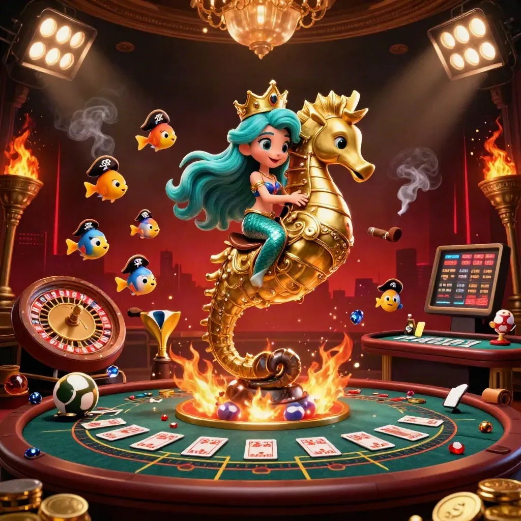 Mermaid princess on a golden seahorse amid casino lights, cards, coins, and ember glow.